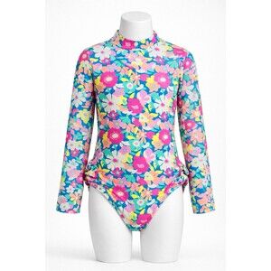 Girls Neon Color Floral One Piece Swimsuit Long Sleeve Ruched Size 6/7